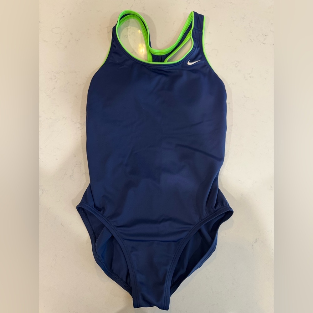 Nike Women’s One-Piece Swimsuit Navy and Lime Green - Size 6